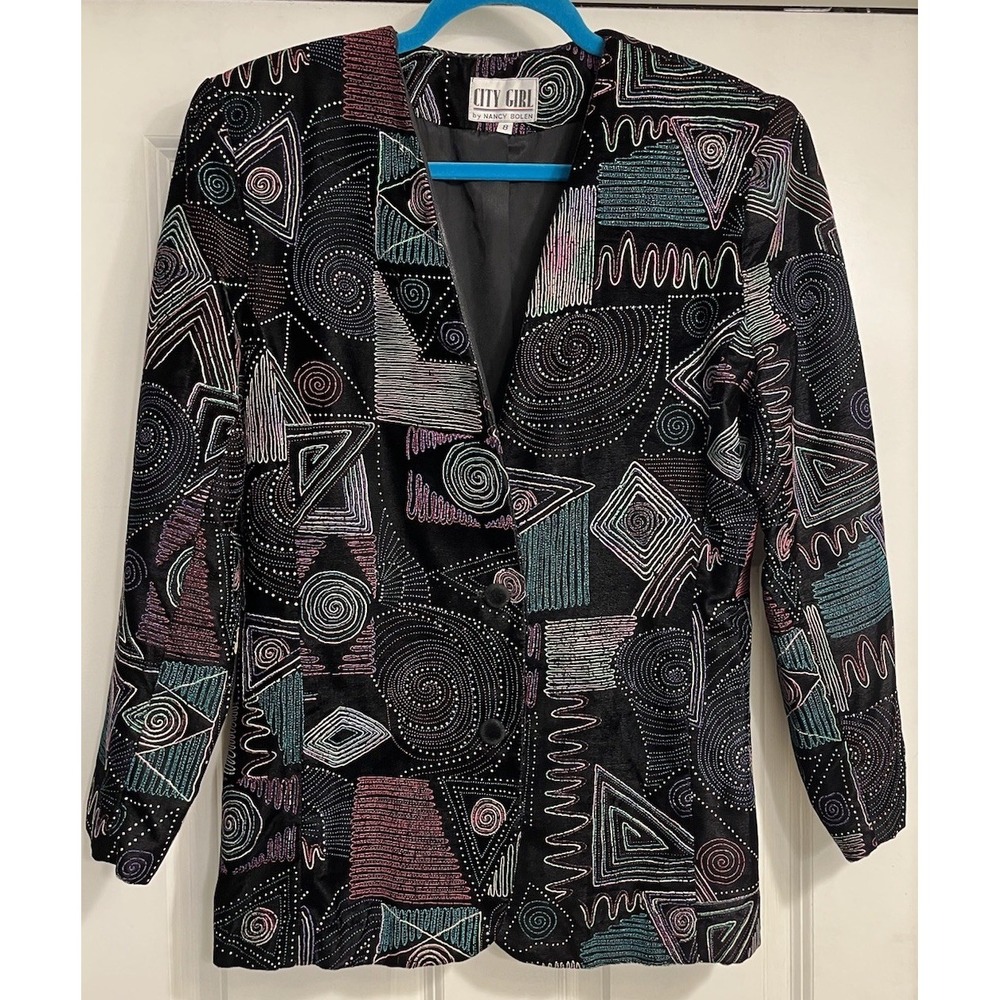 City Girl Nancy Bolen Blazer Black Velvet Puffy Paint Neon 80s Sz 8 Western Rave